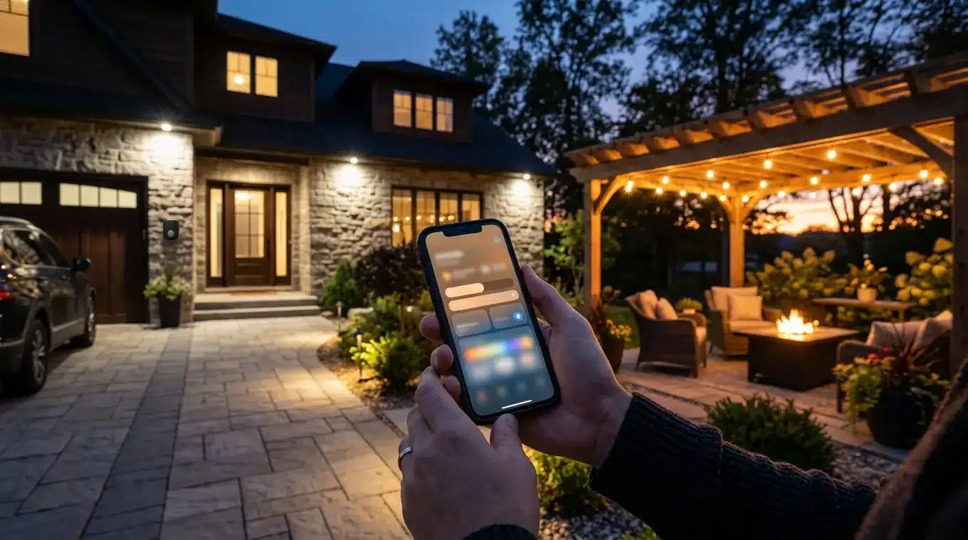 Horizontale foto bij schemering van iemand met een smartphone die een slimme verlichtingsapp bekijkt; op de achtergrond gedimde terrasverlichting en helderdere opritspots, met een
