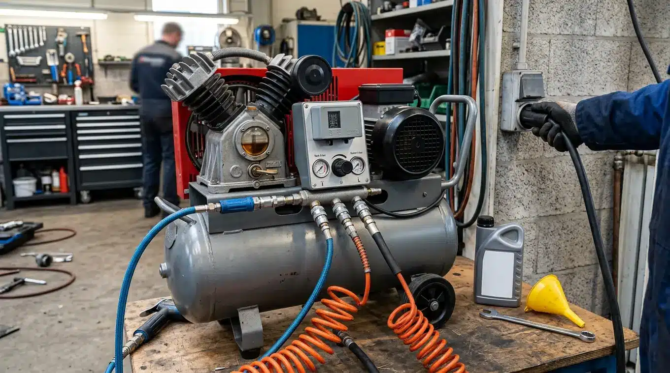 Front-3/4 foto van een zuigercompressor: bedieningspaneel met drukschakelaar en reduceerventiel, drie snelkoppelingen, olie-kijkglas met oliepeil, hand die een robuust verlengsnoer