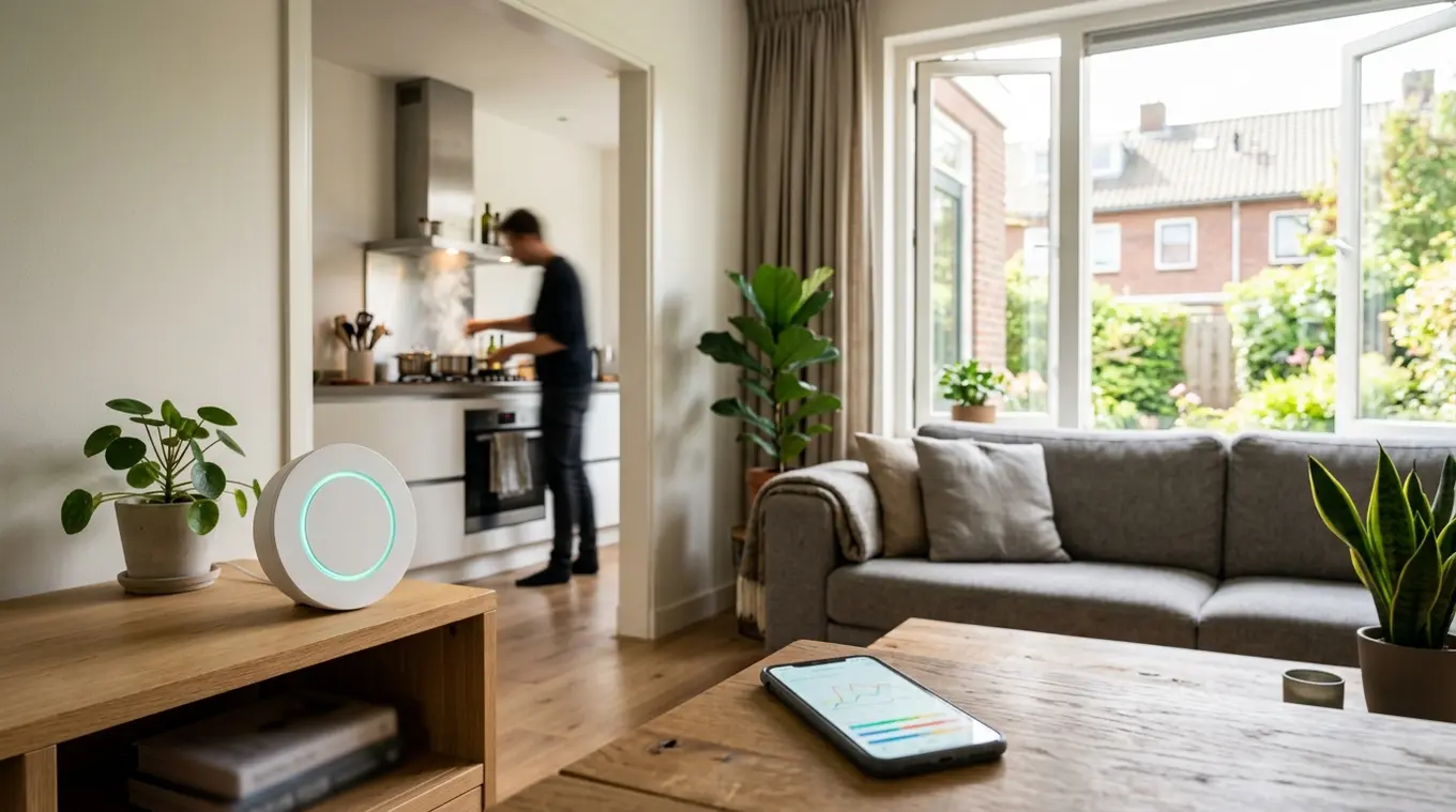 Breedbeeldfoto van een woonruimte met een witte ronde luchtkwaliteitsmeter op een plank en een tablet met wazige grafieken op tafel; op de achtergrond een open raam en iemand die v