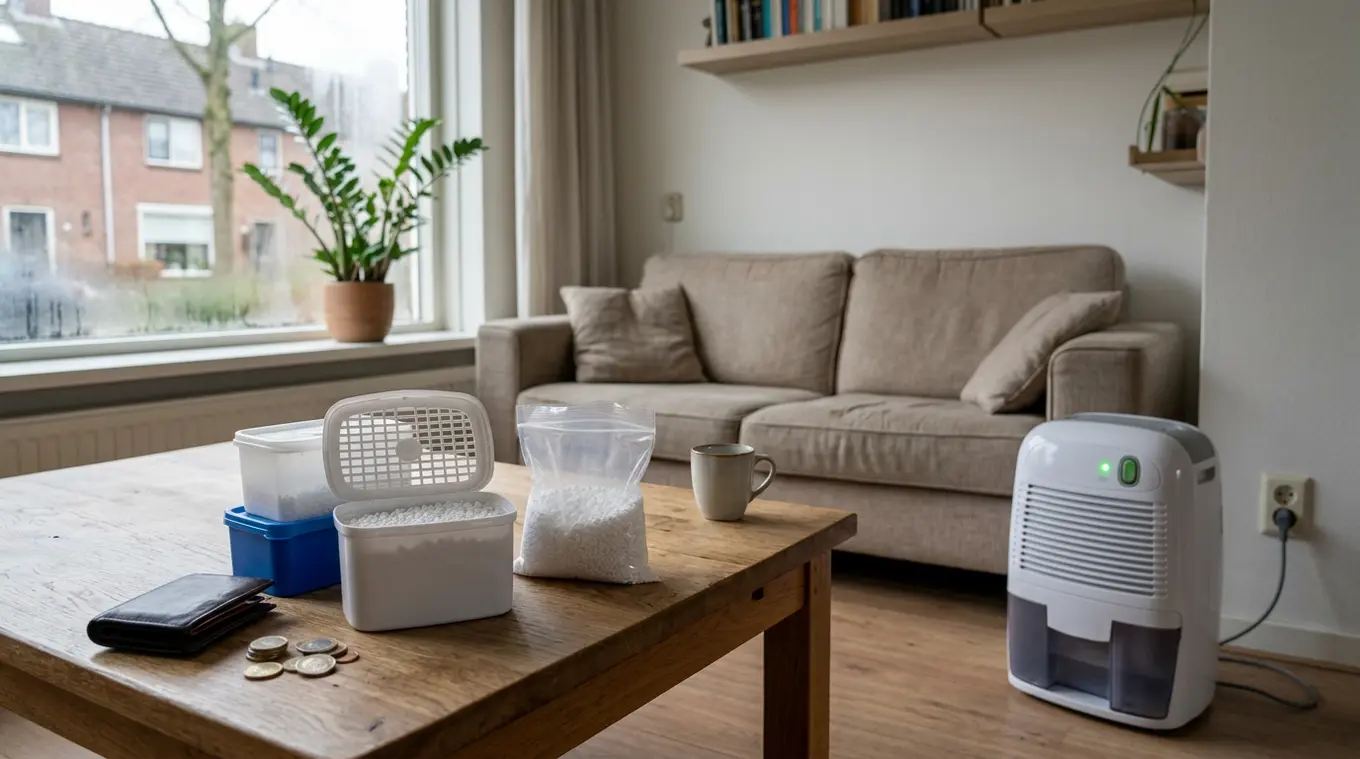 Woonkamer met links meerdere onopvallende vochtvreter-bakjes en een open navullingszak met witte kristallen plus munten op een salontafel; rechts een moderne, ongebrandde elektrisc