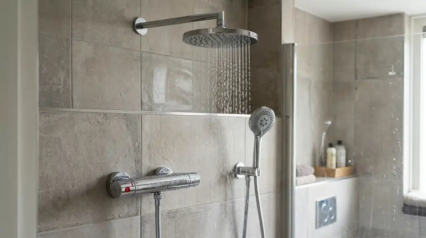 Horizontale foto van een modern geïnstalleerd regendouchesysteem: 310 mm ronde hoofddouche met stromend water, thermostaatkraan met veiligheidsstop en een handdouche in wandhouder,