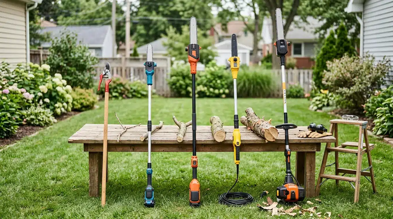 Horizontale foto van vijf verschillende hoogsnoeiers (handmatig, compacte accu, krachtiger accu/elektrisch, snoergebonden elektrisch, benzine) uitgestald in een nette tuin. Voor el