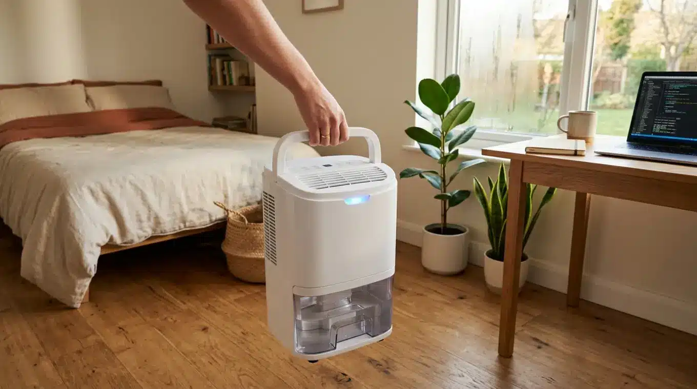 Horizontale foto van een compacte witte luchtontvochtiger zonder logo op een houten vloer in een kleine slaapkamer/thuiskantoor, met hand aan het handvat, waterreservoir zichtbaar