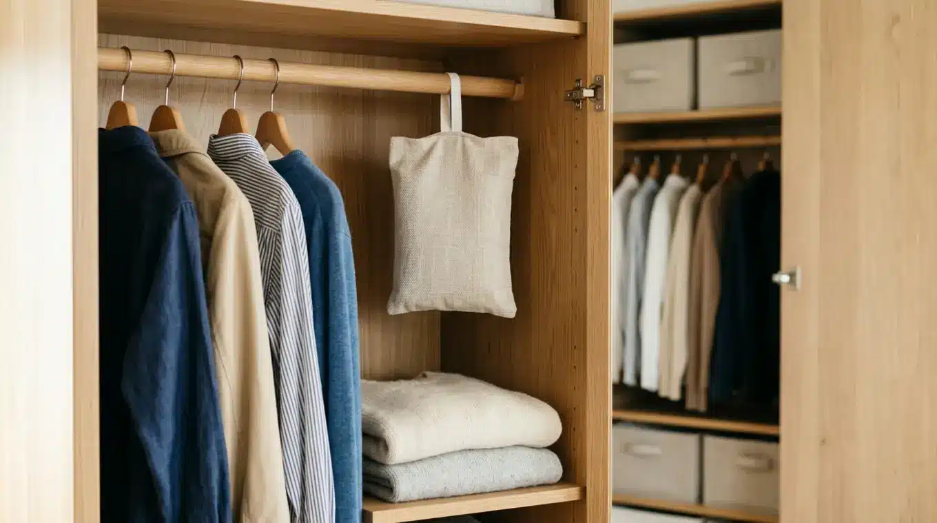 Open kledingkast met nette kleding en op de plank een compact, licht absorberend zakje zonder logo’s, scherp in beeld; zachte huiselijke verlichting, geen vloeistof zichtbaar.