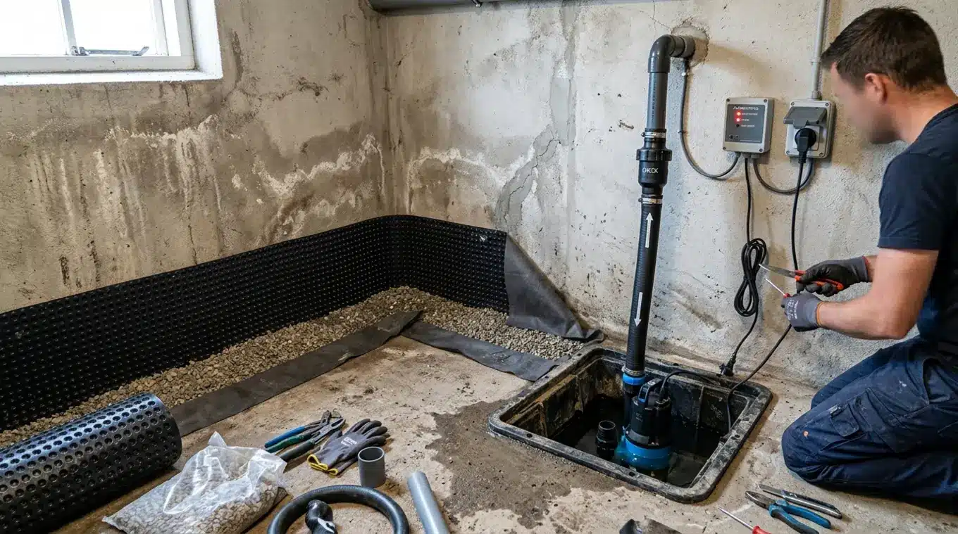 Horizontale foto van een kelder met geïnstalleerd drainagesysteem: noppenfolie tegen de wand, grind en filterdoek op de vloer, open pompput met automatische dompelpomp en terugslag