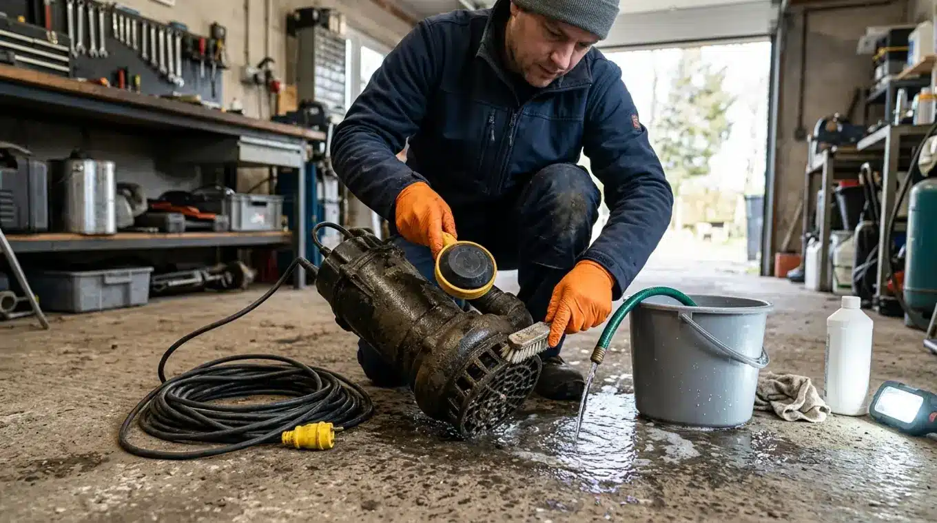 Persoon in handschoenen onderhoudt een uitgeschakelde dompelpomp in een garage: de vlotter wordt gecontroleerd, het aanzuigrooster wordt gereinigd met een borstel en een tuinslang