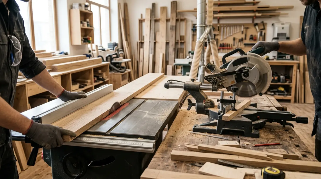 Horizontale realistische foto van een werkplaats met links een tafelzaag waar een lange plank langs het blad wordt geschoven en rechts een afkortzaag die een korte lat dwars afzaag