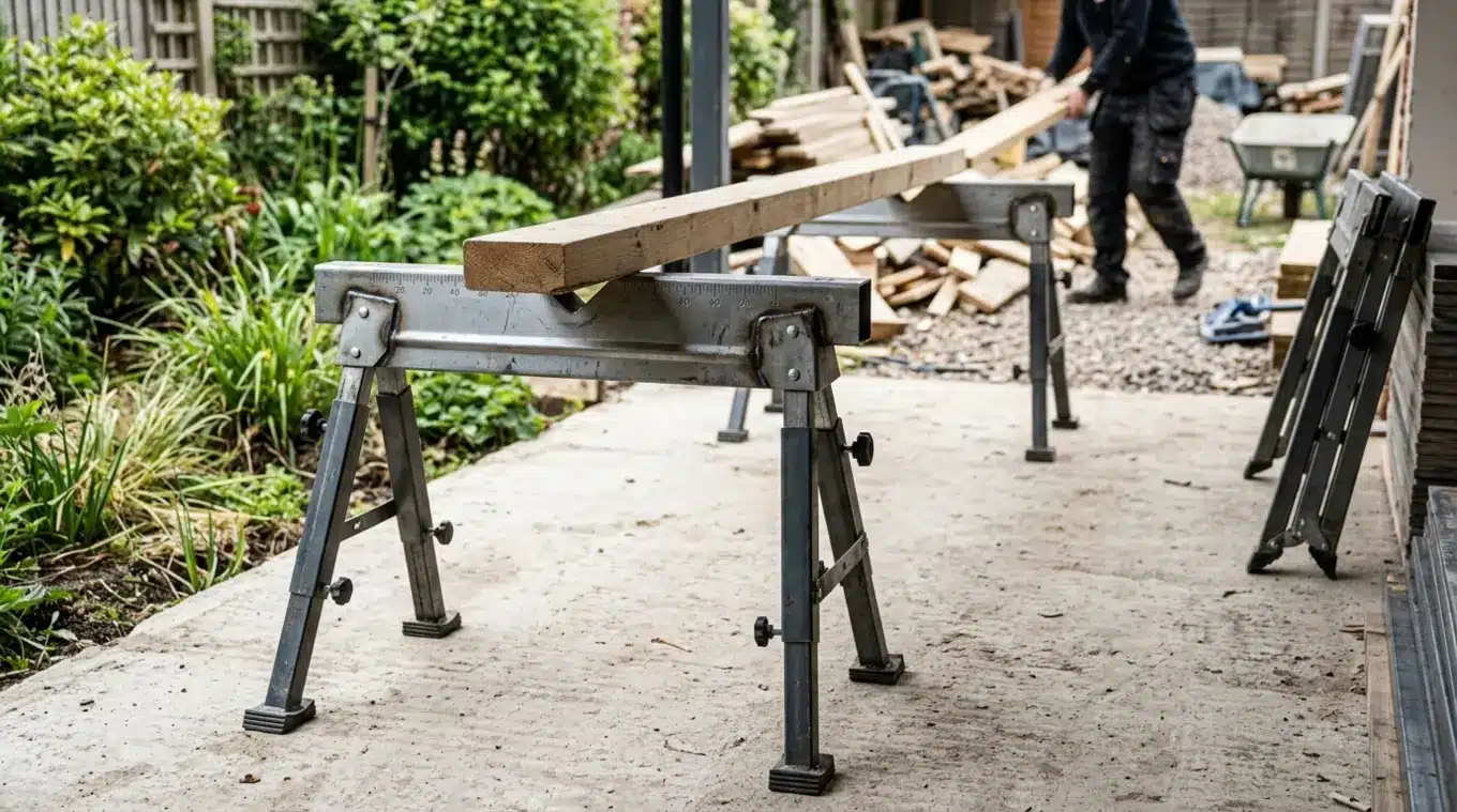 Horizontale foto van een zware stalen werkschraag met verstelbare poten en antislipvoeten op een ruwe bouwvloer; een lange houten balk rust op de schraag waarvan de lengtemarkering