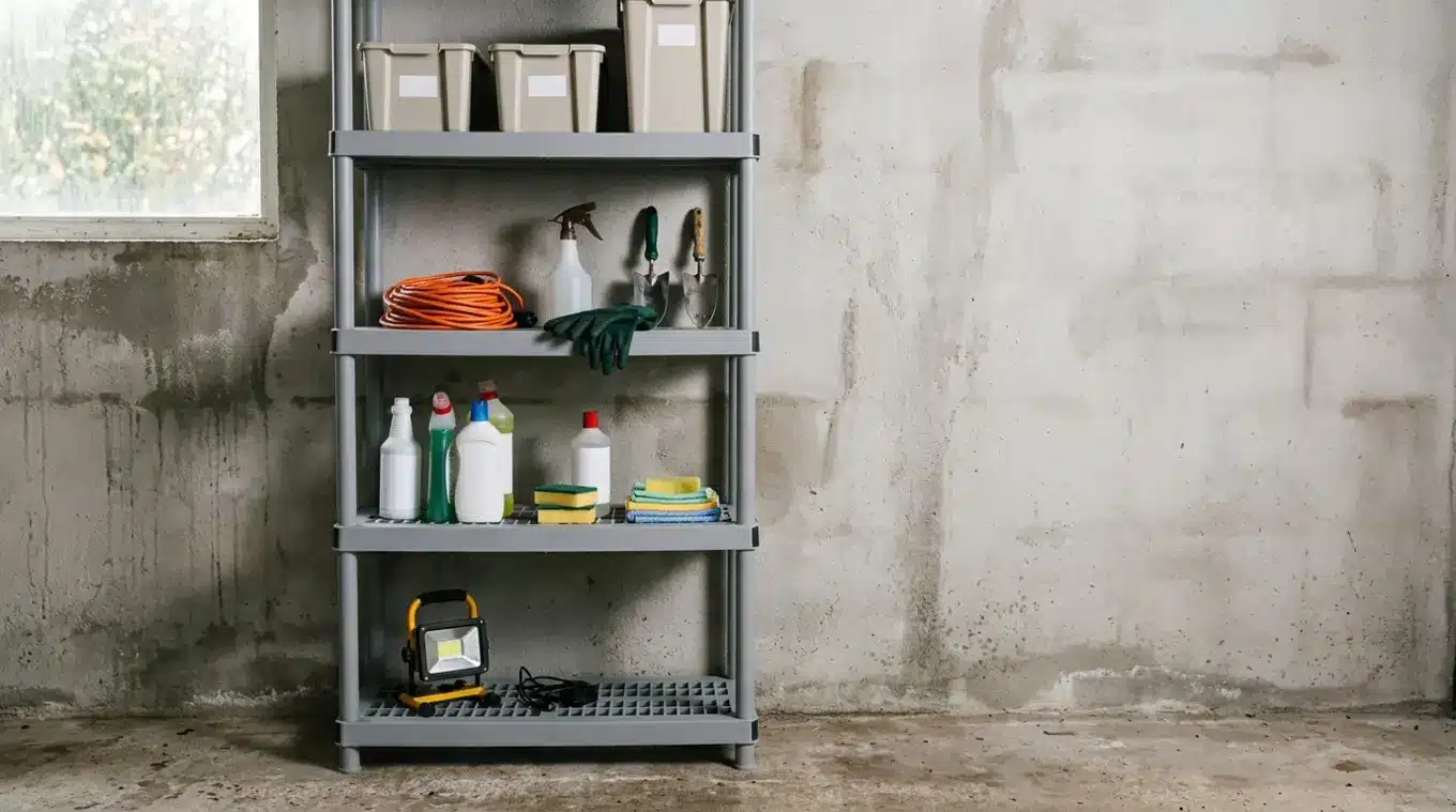 Horizontale foto van een kunststof stellingkast in een vochtige schuur, gevuld met plastic bakken, tuingerei, schoonmaakmiddelen en verlichtingstoebehoren; geen metalen kisten of m