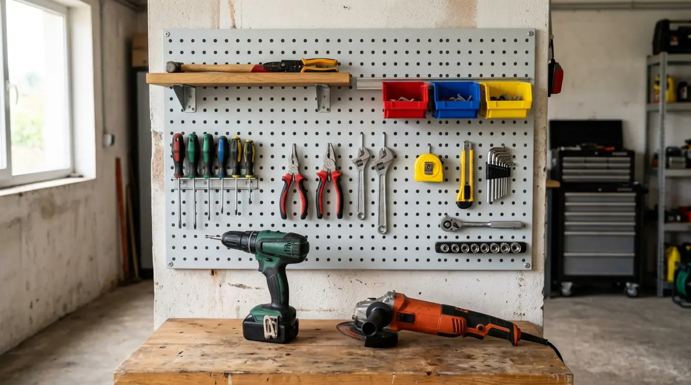 Horizontale foto van een combi-gereedschapswand (pegboard met bakkenrail en kleine werkplank) met lichte handgereedschappen aan haken en zwaardere apparaten op de werkbank eronder,