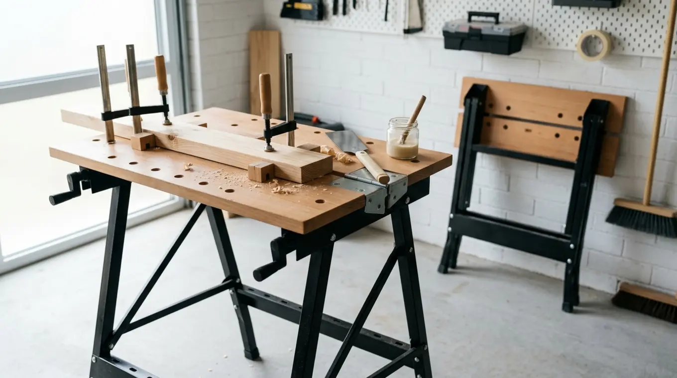 Inklapbare werktafel in een hobbywerkplaats: uitgeklapt houten blad met gaten voor bench dogs en klemmen, zaagsnippers en gereedschap op het blad; op de achtergrond dezelfde tafel
