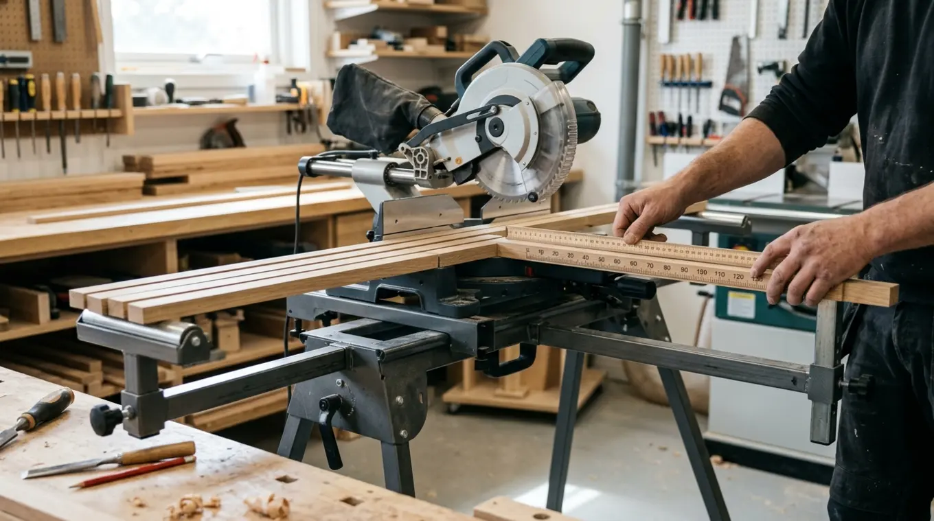 Horizontale foto van een stalen afkortzaagonderstel op ergonomische werkhoogte met uitgeklapte verlengarmen en precieze aanslagen; meerdere identieke zaagstukken op de tafel tonen