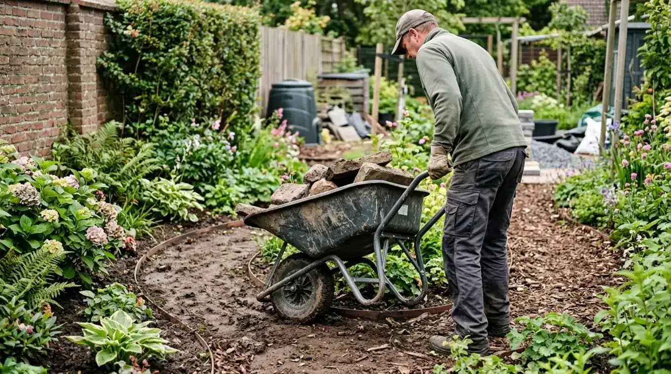 Tuinier duwt een opvouwbare kruiwagen zonder logo, vol met aarde en stenen, door een smalle bochtige zachte border; kruiwagen staat schuin en toont beperkte wendbaarheid, achtergro