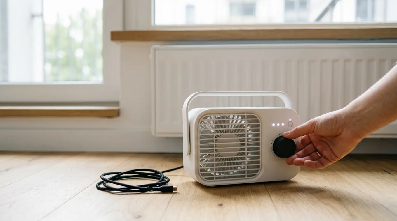 Draagbare accu-radiatorventilator zonder logo op houten vloer voor een witte panelradiator in een lichte huurwoning; hand draait aan de eenvoudige draaiknop, drie LED-snelheidsindi