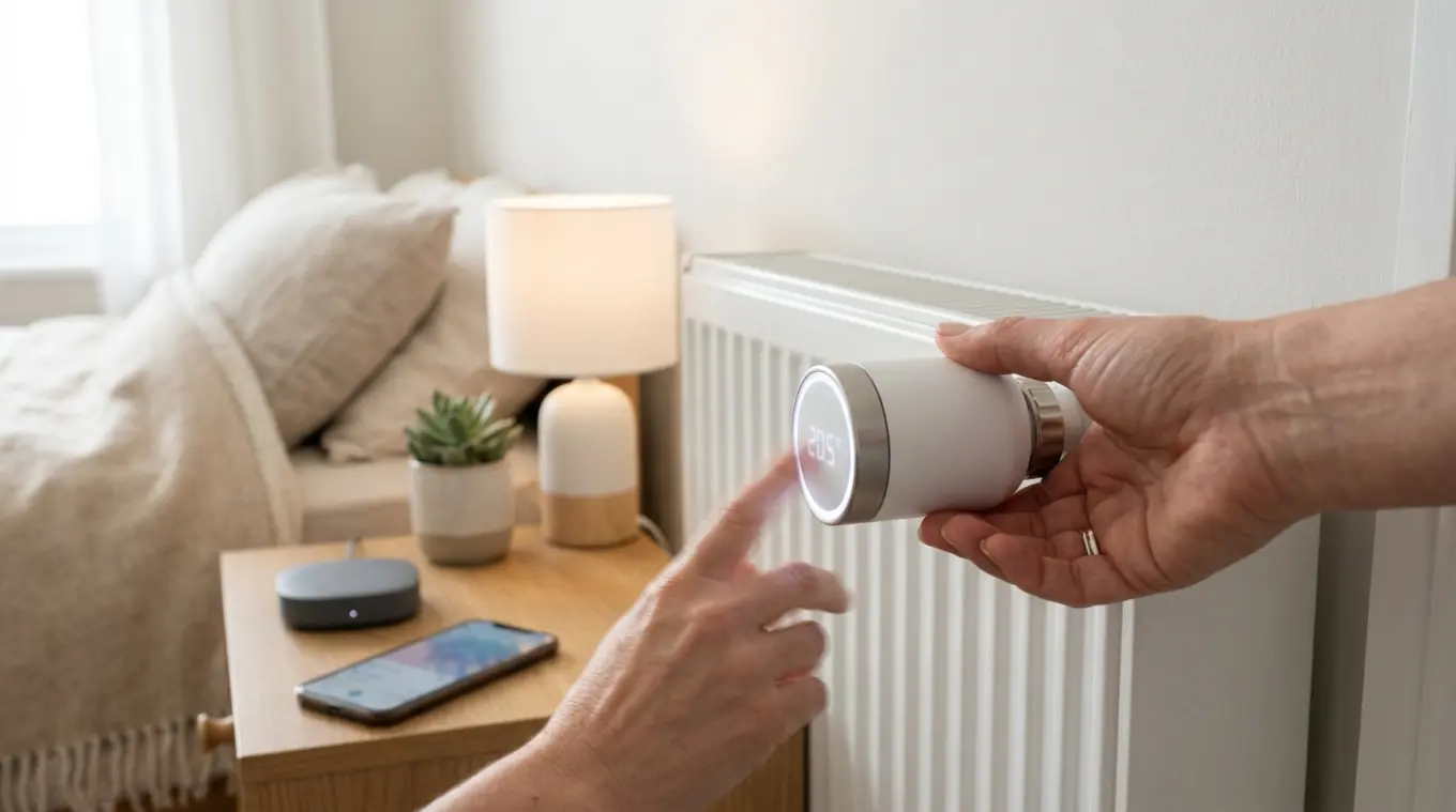 Horizontale close-up van een moderne witte slimme radiatorknop op een radiator in een rustige, stijlvolle slaapkamer. Een hand draait aan de knop; op de achtergrond onscherp een on