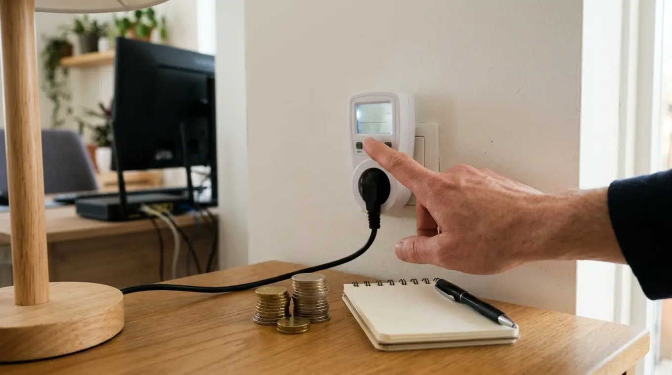 Close-up van een generieke stekkerverbruiksmeter in een stopcontact, met een stapel euromunten op tafel en een hand die naar de meter wijst; huiselijke, informatieve sfeer, geen lo