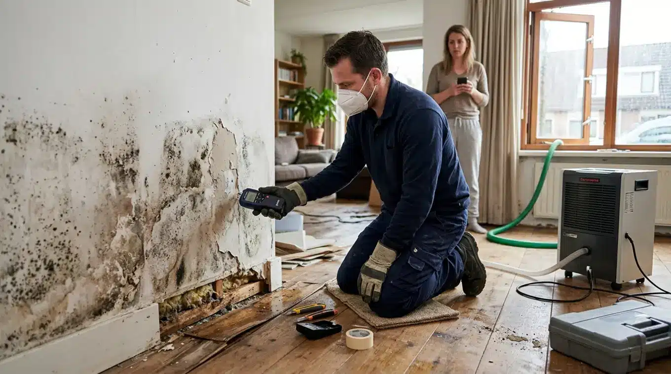 Vakman inspecteert vochtschade in een woonkamer met een vochtmeter/thermische camera bij een muur met schimmel en loslatend stucwerk; opbollende houten vloerdelen, verwijderde plin