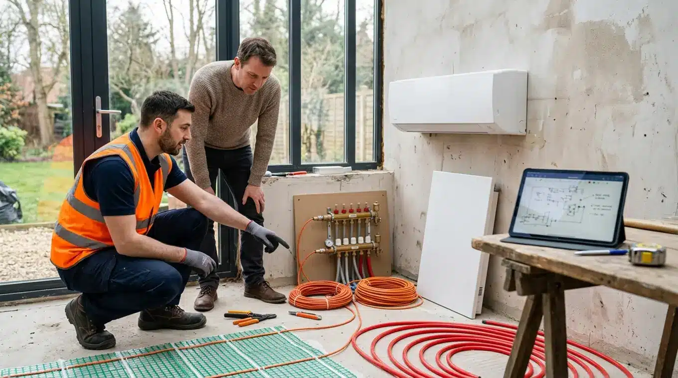 Installateur en huiseigenaar overleggen in een halfafgewerkte uitbouw met zicht op elektrische vloerverwarmingsmatten, PEX-leidingen, een verdeelblok en een generieke muurunit van