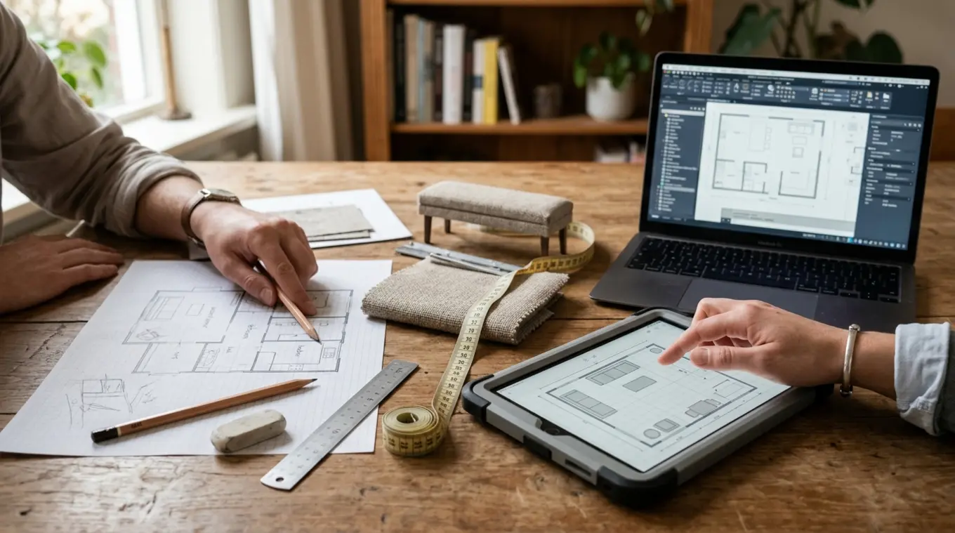Horizontale foto van een houten tafel met een handgetekende plattegrond, potlood, liniaal, meetlint en een schaalmodelbank; rechts tablet en laptop met plattegrond-apps; alleen han