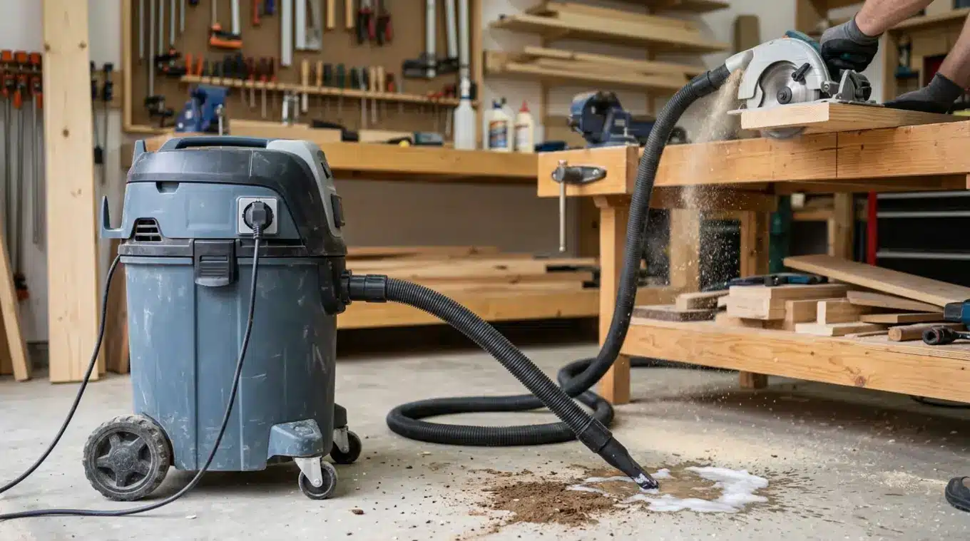 Bouwstofzuiger (20 L, zonder merklogo) in een kluswerkplaats, met een zaag aan de rechterkant die zaagsel produceert en een slang die het stof opzuigt; de zaagplug zit in het ingeb