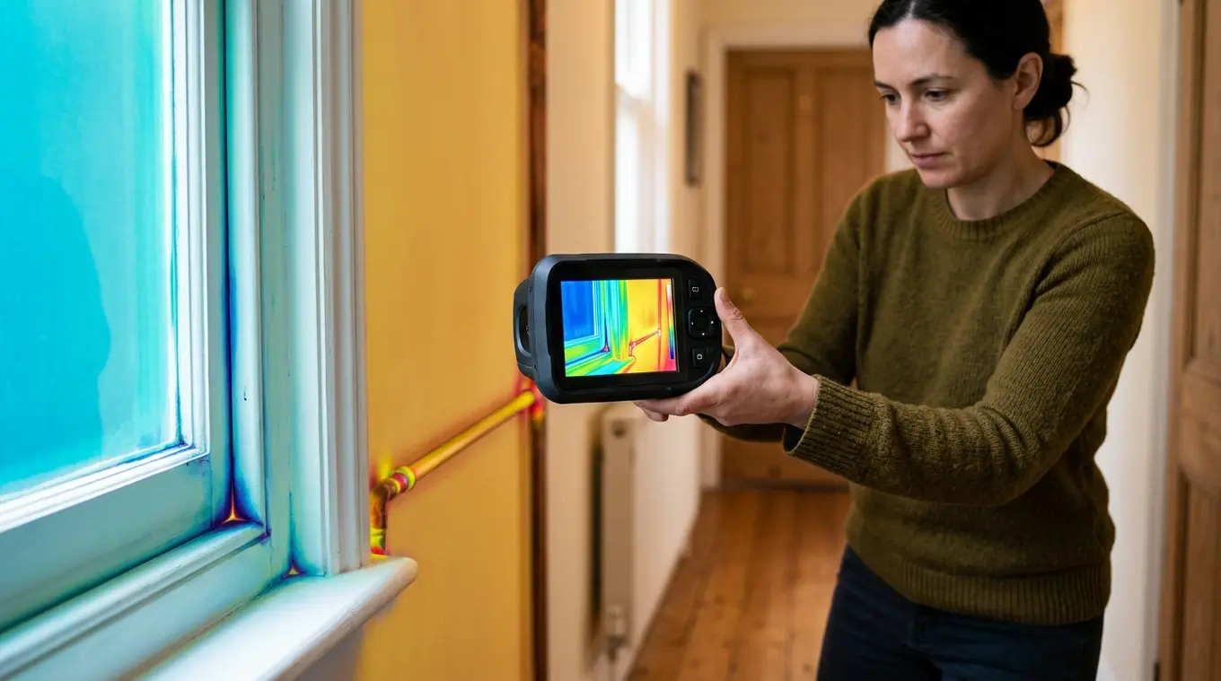 Persoon in huis richt een merkloze warmtebeeldcamera op een raamkozijn; het camerascherm toont een gedetailleerde thermische afbeelding met kleine temperatuurverschillen rond kozij