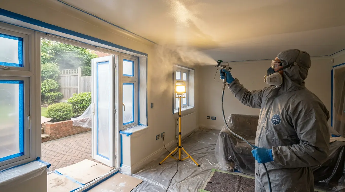 Horizontale foto van een schilder in beschermende kleding die met een onmerkbare verfspuit het plafond spuit; ramen en deur open, vloer en kozijnen afgeplakt, bouwlamp verlicht ran