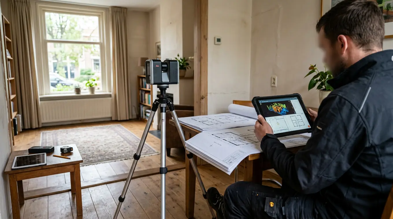 Professionele inmeting van een woning: een 3D-laserscanner op statief, uitgelegde plattegronden en een vakman met tablet waarop een pointcloud en plattegrond zichtbaar zijn, in een