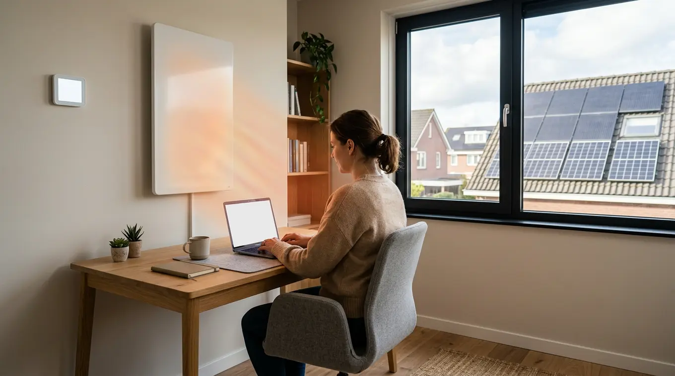 Horizontale foto van een modern thuiskantoor met een wand-infraroodpaneel dat zacht warm licht geeft; persoon werkt aan een laptop, door het raam zijn zonnepanelen op het dak zicht