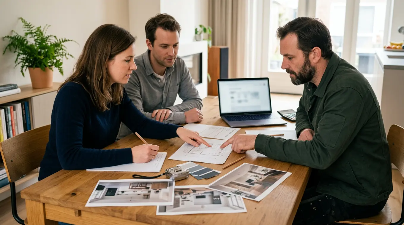 Huiseigenaren en een vakman overleggen aan een keukentafel met een programma van eisen, schetsen, referentiefoto's, meetlint en laptop; handen wijzen naar een plattegrond terwijl z