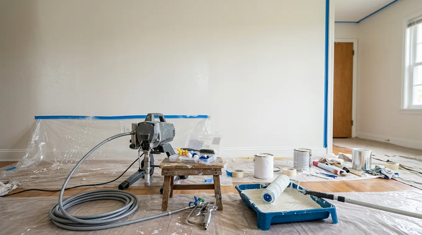 Horizontale foto van een airless verfspuit met wisseltips en een roller met verlengsteel bij een muur; links spuitwerk met lichte nevel en afdekplastic, rechts strak gerold oppervl