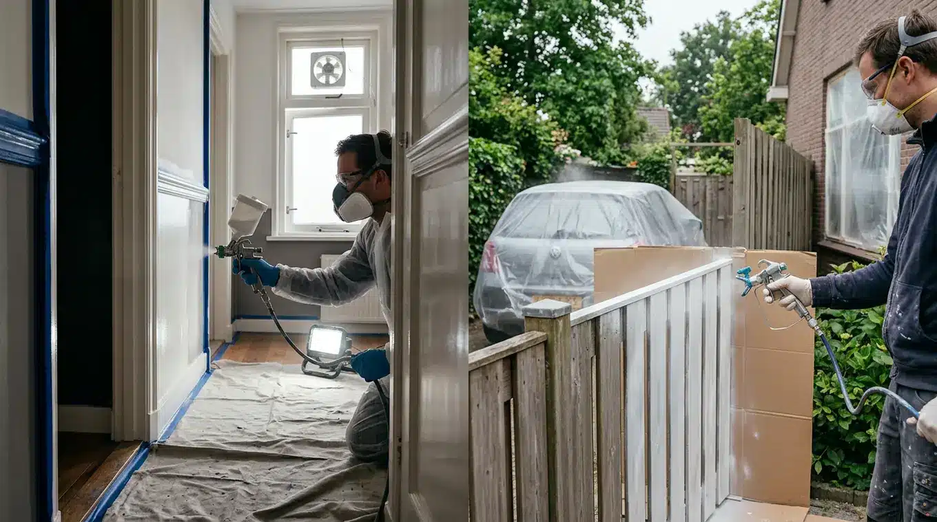 Horizontale realistische foto met twee scènes: links een persoon met masker en handschoenen die binnen een afgeplakt deurkozijn met een verfspuit bewerkt onder ventilatie en werkli