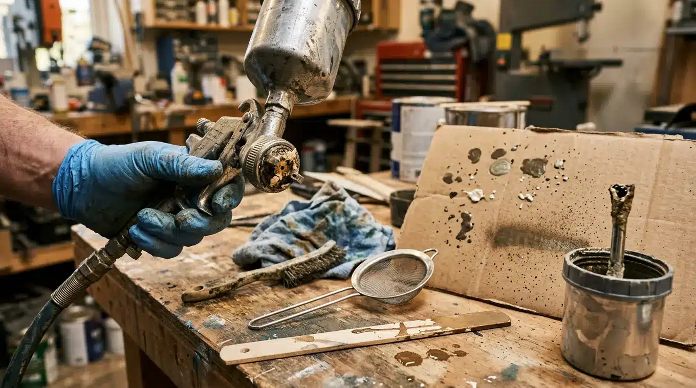 Close-up van een verfspuitnozzle met zichtbare klonten verf, een handschoen houdt de spuitmond open; op de werkbank borsteltje, zeef, roerstok en een karton met spetterend testspui