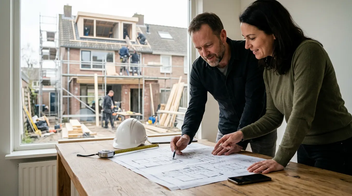 Huiseigenaar en aannemer bekijken bouwtekeningen aan een tafel met helm en meetlint; op de achtergrond zichtbaar een woning met steigers en een deels gerealiseerde dakkapel/aanbouw