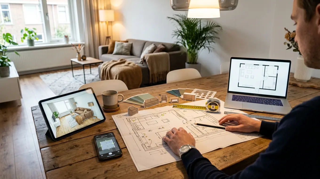 Horizontale foto van een tafel met een papieren plattegrond, laptop met 2D-plattegrond, tablet met 3D-weergave en smartphone met meet-app; op de achtergrond een bank met vloerlamp