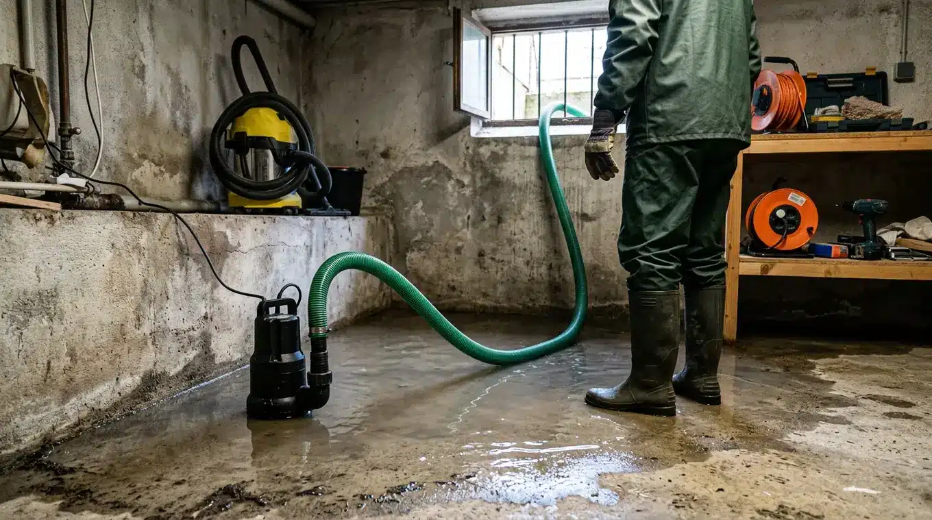 Een persoon (rug naar camera) in laarzen en handschoenen controleert een generieke dompelpomp in een licht overstroomde kelder; een afvoerslang leidt het water naar buiten, een nat