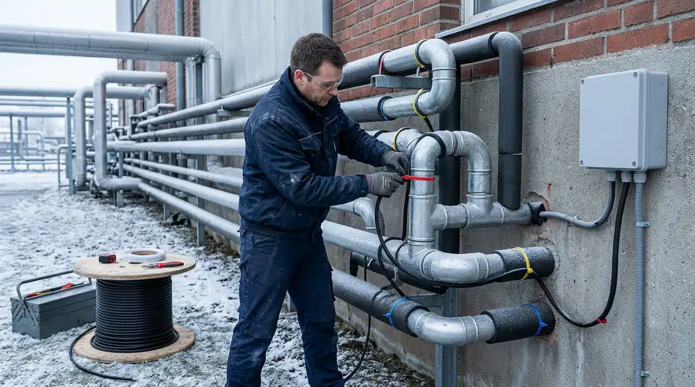 Monteur installeert op maat gemaakte, zelfregulerende vorstbeveiligingskabel met UV-bestendige mantel langs een complex buitentraject van bochtige leidingen; kabelhaspel, meetgeree