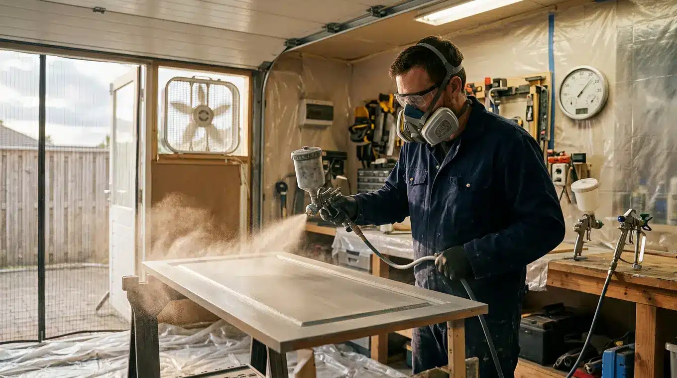 Horizontale foto van een schilder in een geventileerde garage die een houten kast spuit; hij draagt handschoenen en een halfgelaatsmasker met grijze filters, er is zichtbare gecont