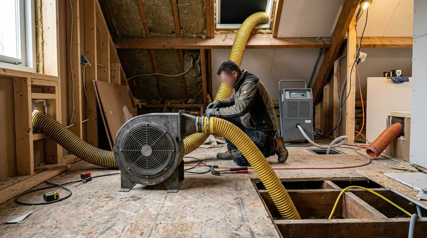 Horizontale foto van een zware centrifugale bouwventilator op een houten ondervloer in een onafgewerkte ruimte; meerdere flexibele slangen voeren lucht naar wand- en balklagen, een
