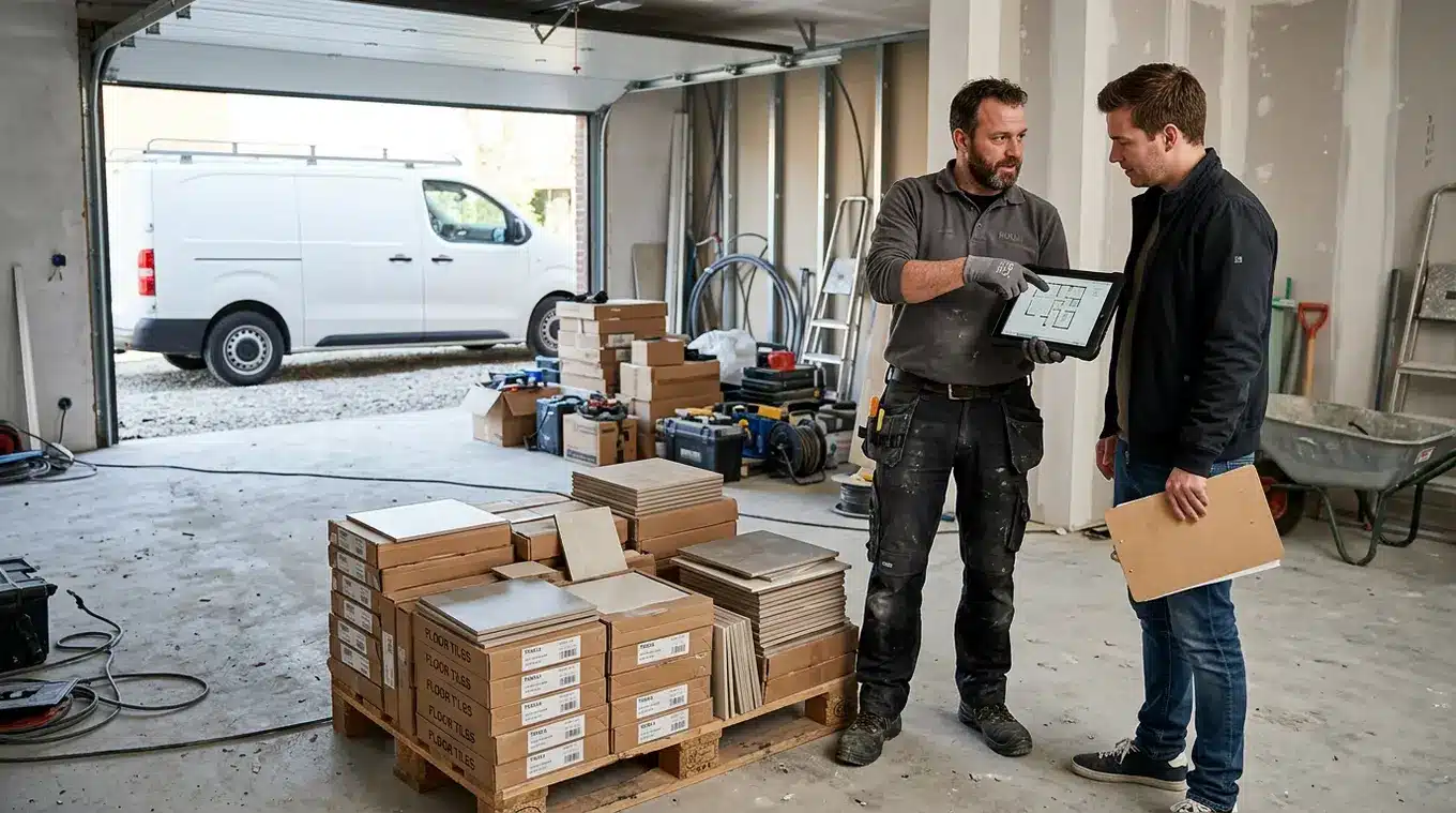 Vakman en opdrachtgever overleggen bij gestapelde tegels en dozen in een woning in renovatie; een witte bestelwagen staat buiten. Geen logo's of leesbare tekst zichtbaar.
