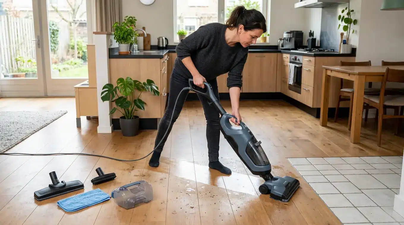 Fotorealistische foto van een alles-in-één stoomzuiger zonder logo in gebruik op een houten vloer, met accessoires voor tegels en voegen naast het apparaat en een zichtbare schone