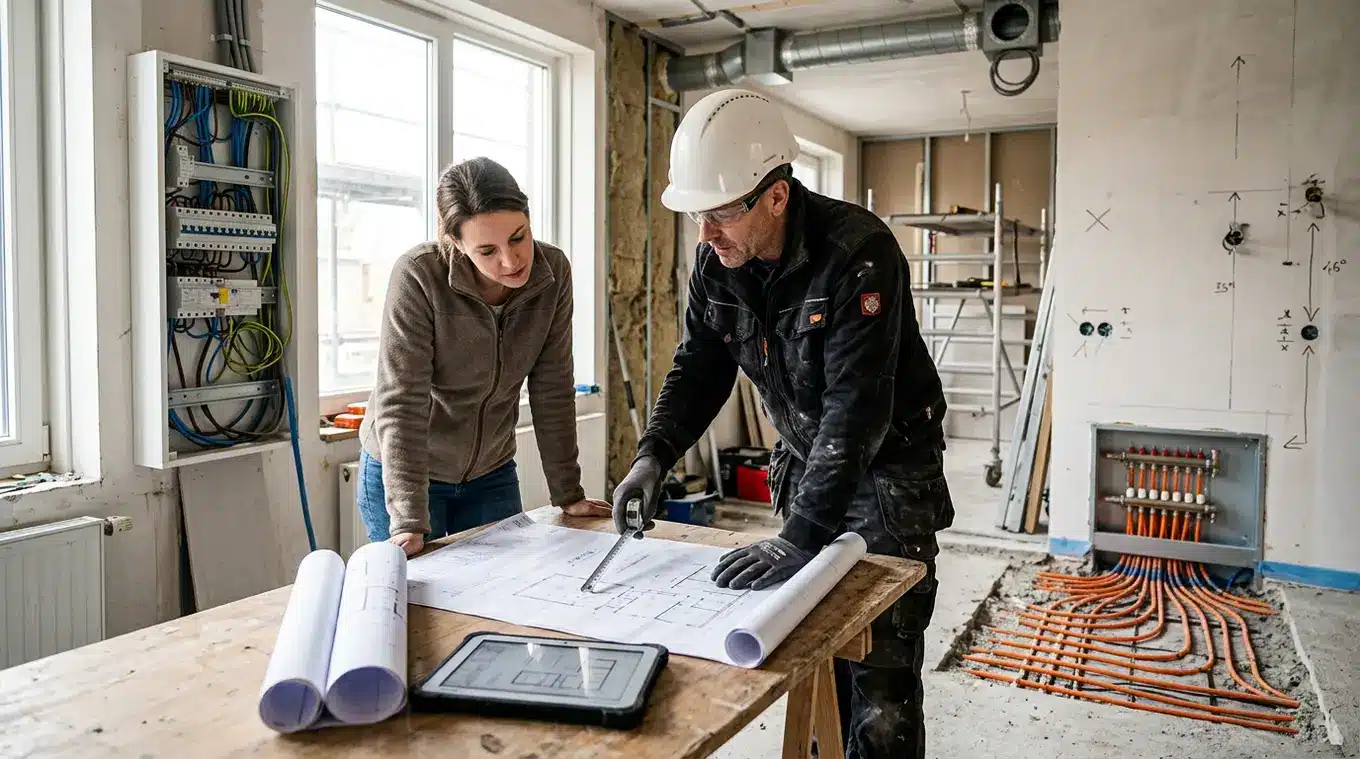 Vakman en huiseigenaar overleggen bij bouwtekeningen in een woning in verbouwing; op de achtergrond open groepenkast, vloerverwarmingsleidingen en ventilatiekanalen zichtbaar.