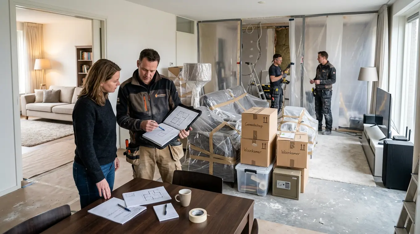 Interieurfoto van een Nederlandse woning tijdens verbouwing: huiseigenaar en aannemer in kort overleg, meubels afgedekt met verhuisfolie en tape, opgeborgen dozen en afgesloten opb