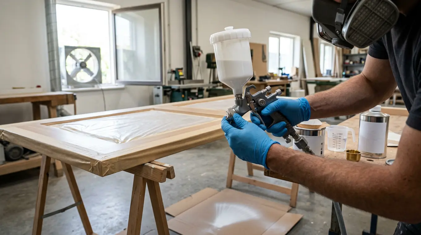 Fotorealistische horizontale foto van een deur op zaagbokjes die wordt gespoten: handen met handschoenen en respirator stellen een HVLP-spuit af, naast open verfblik met zeef, visc