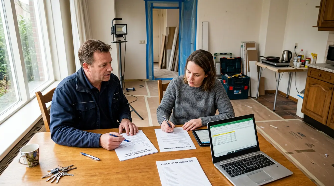 Huiseigenaar en aannemer aan keukentafel bespreken verzekering en contract; beschermde vloer, stofschotten, gereedschap en een kleine noodkeuken zichtbaar, zonder logo's.