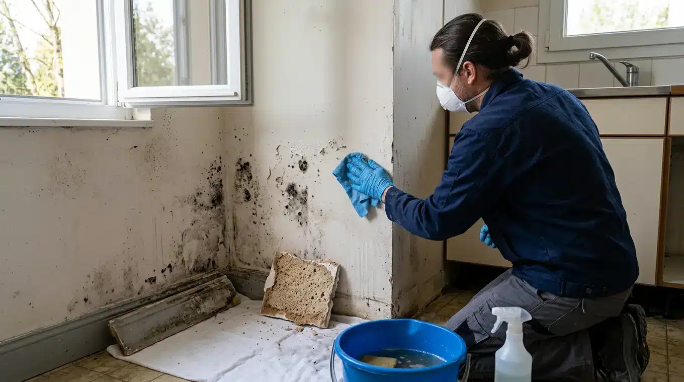 Persoon met handschoenen en ademmasker reinigt schimmelplek op een binnenmuur; open raam voor ventilatie, emmer en transparante spuitfles op de voorgrond, verwijderde plint en voch