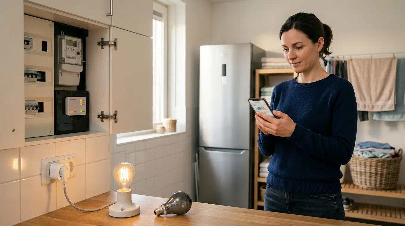 Horizontale foto van een persoon in een keuken/berging die een smartphone vasthoudt met een geblurde energie‑app; op de voorgrond een slimme stekker in het stopcontact, een LED- en
