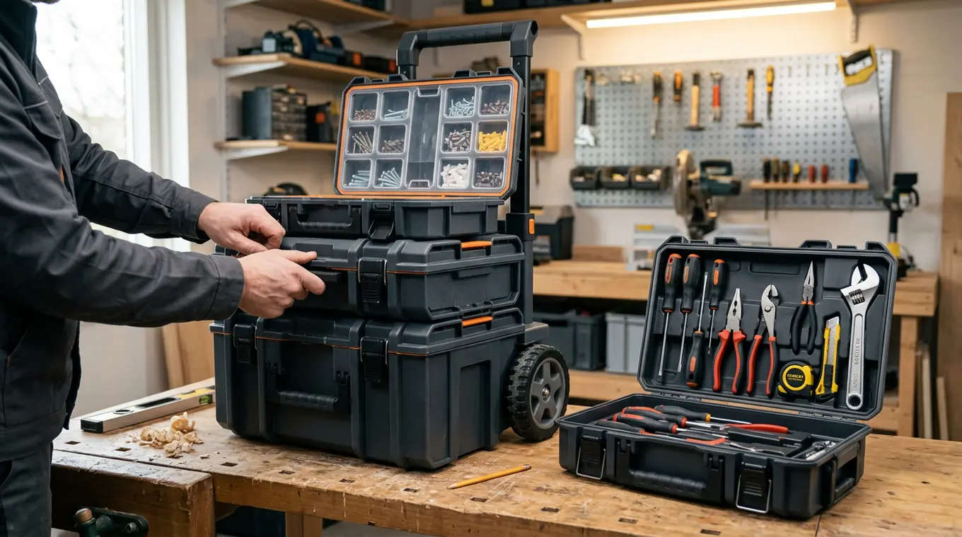 Horizontale foto van een modulair 3-in-1 gereedschapskoffersysteem op een werkbank: stapelbare koffers, rollende trolley en open organizer met uitneembare bakjes; handen klikken ee