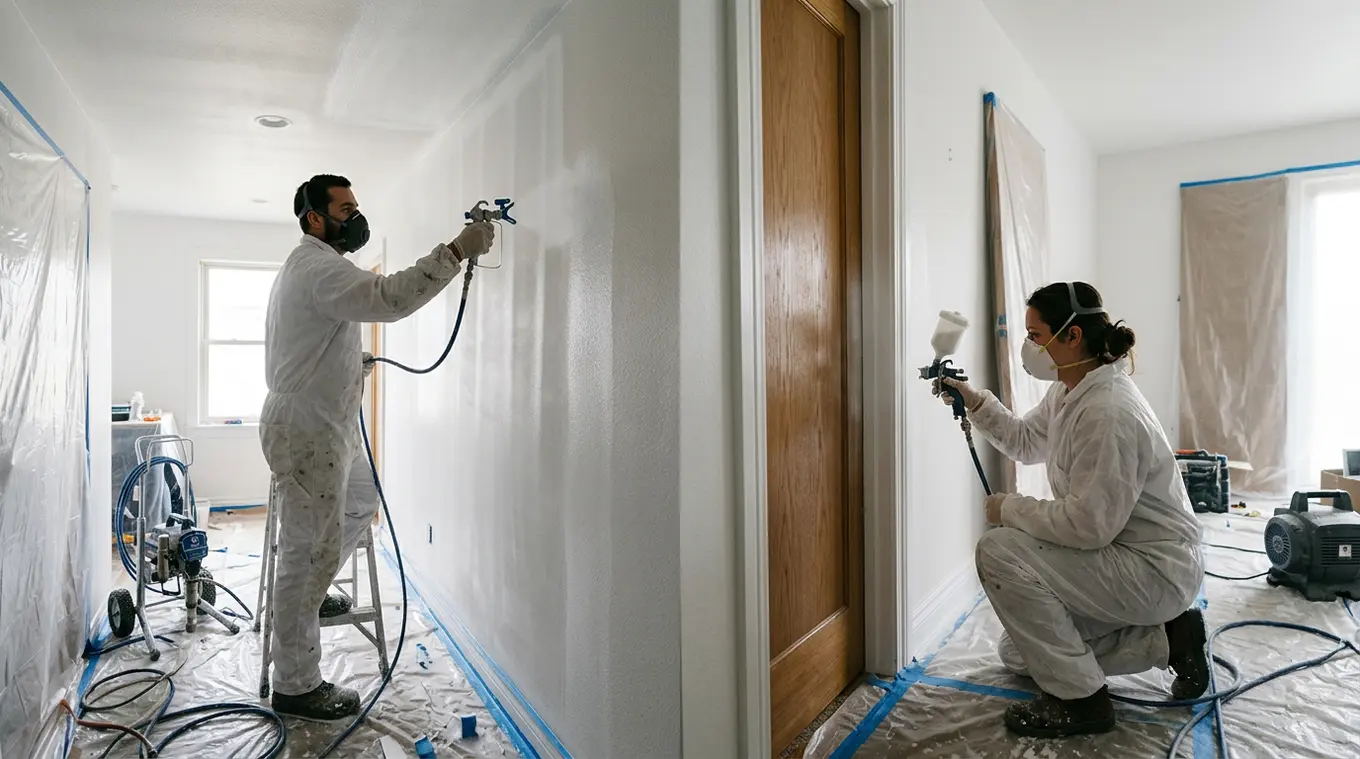 Binnenfoto van twee schilders: links een schilder met een airless spuit die brede banen op muur en plafond aanbrengt, rechts een schilder met een HVLP-pistool die een deur en kozij