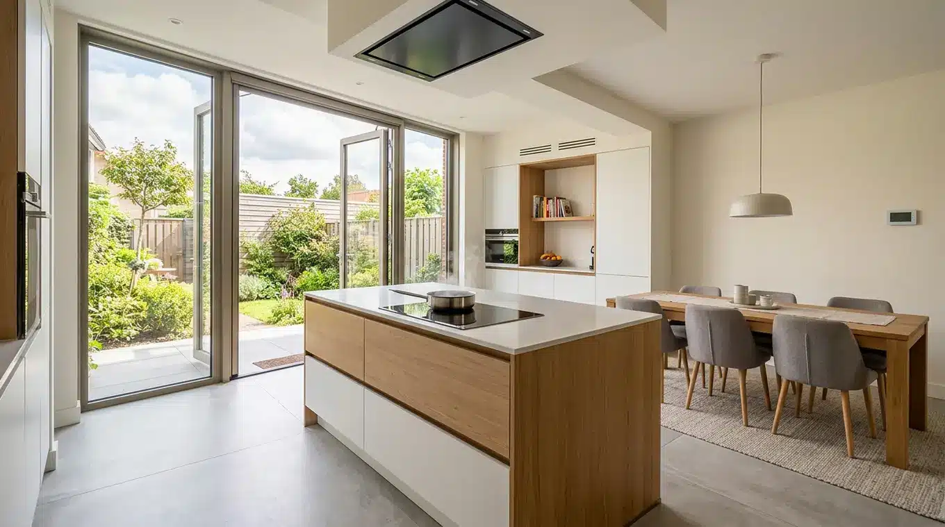 Licht en moderne woonkeuken in een uitbouw: ruim kookeiland met stoomend pannetje onder een strakke afzuiging, brede tuindeuren met dikke kozijnen en hoogrendementsglas, geen radia