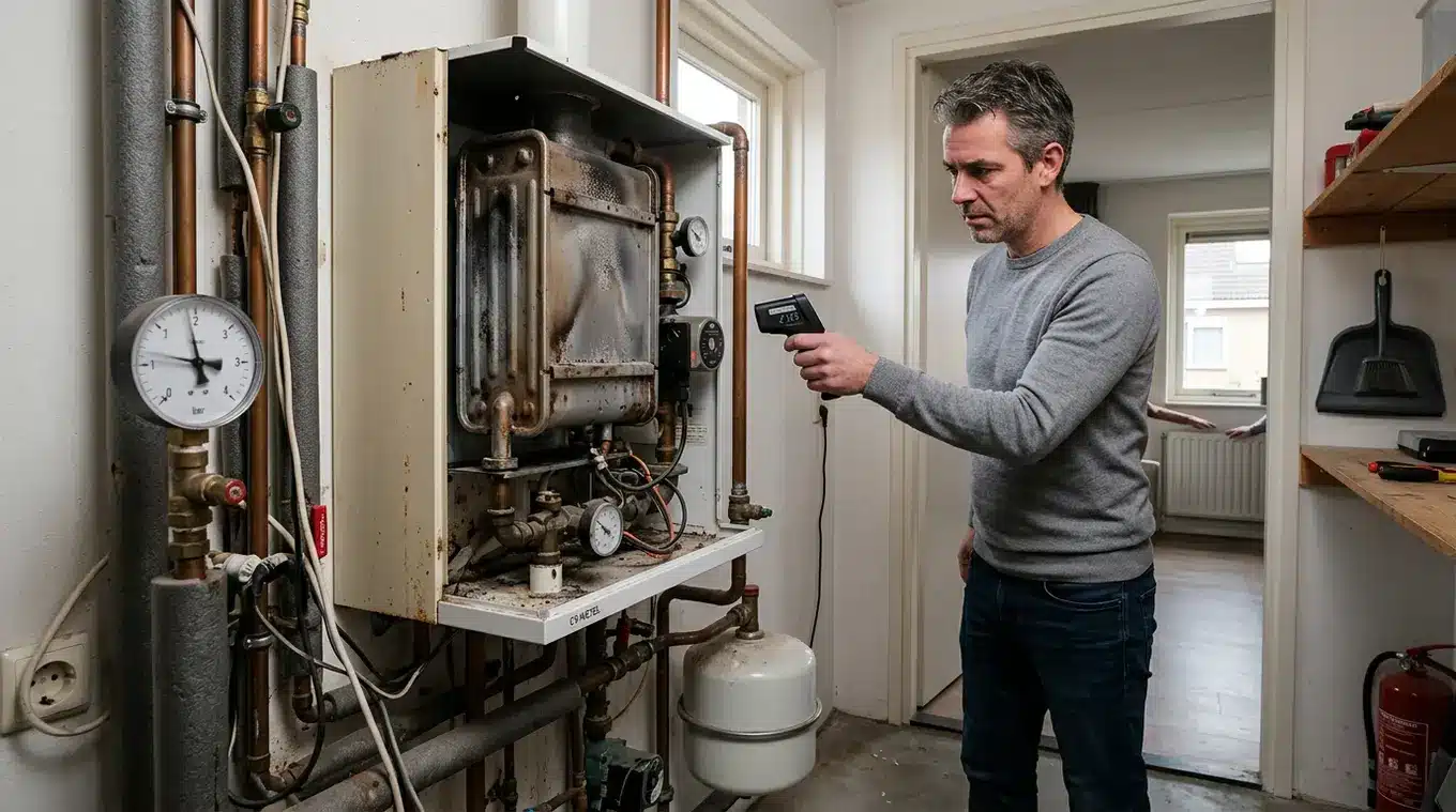 Huiseigenaar onderzoekt een open cv-ketel met zichtbare roetaanslag op de warmtewisselaar; pomp, kleppen en leidingen zijn zichtbaar, een drukmeter toont schommelingen en op de ach